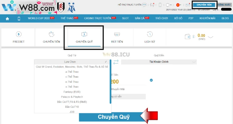 chuyển quỹ từ tài khoản phụ về tài khoản chính để rút tiền w88