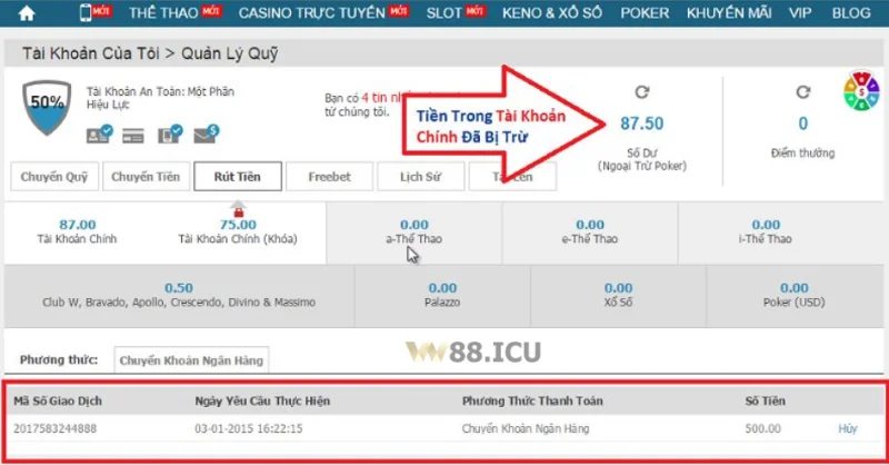 hoàn tất lệnh rút tiền w88