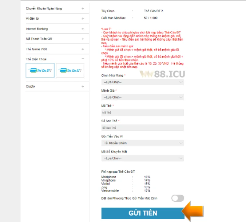 nạp tiền w88 bằng thẻ cào