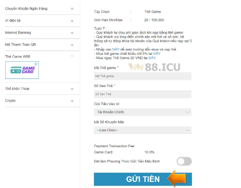 nạp tiền w88 bằng thẻ game